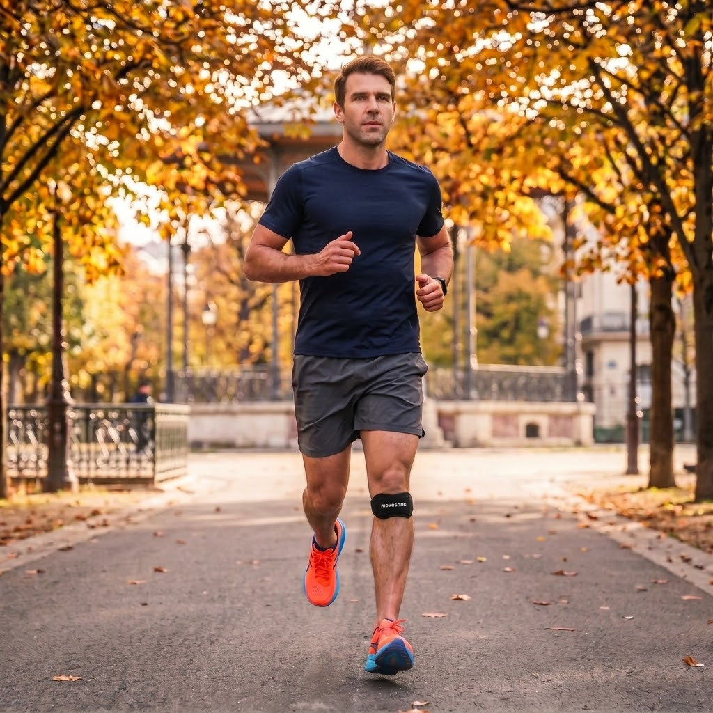Uomo che corre in un parco con la fascia rotulea Movesana