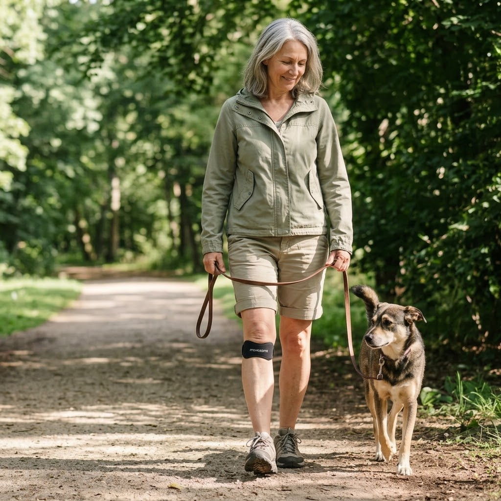 Donna che passeggia con il cane con la fascia rotulea Movesana