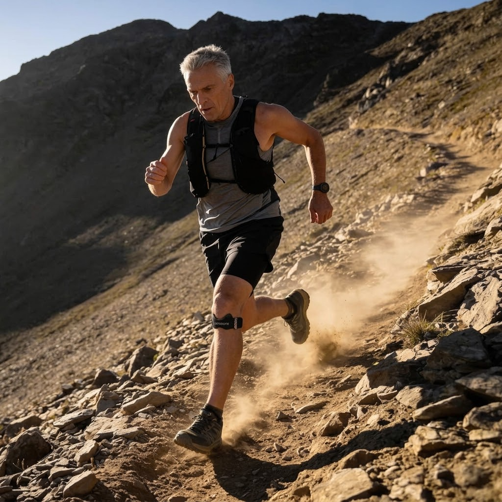 Uomo che corre in montagna con la fascia rotulea Movesana